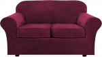 XDKS Velvet Plush 3 Pieces Stretch Sofa Cover Velvet Sofa Slipcover Loveseat Cover Furniture Protector Couch Soft Loveseat Slipcover for 2 Cushions Couch with Elastic Base (Wine Red)