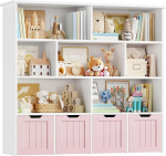 FOREHILL Laste riiul rattakastidega, laste raamaturiiul 4 tasandiga, lastetoa m&ouml;&ouml;bel, m&auml;nguasjade regulaator, hoiuriiul, raamaturiiul lastele, lastekapp, riiul, roosa,