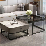 Moodne ruudukujuline klaasist kohvilaud komplekt kuldse metallraamiga Stiilne elutoa laudade lihtne kokkupanek Kodum&ouml;&ouml;bel