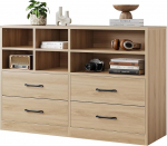 Modernes Sideboard Mit 4 Schubladen & 6 Offenen Regalf&auml;chern - Platzsparende Kommode Aus Eichenholz - Vielseitig Als TV-Lowboard, Sideboard Oder Flurkommode F&uuml;r Schlafzimmer & Wohnzimmer
