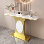 Moderner Konsolentisch aus Marmor - Schmaler Beistelltisch f&uuml;r Flur und Wohnzimmer, geschwungenes Akzentm&ouml;bel, elegante Goldoptik, 120 cm langer dekorativer Tisch, stilvolle Aufbewahrungsl&ouml;s