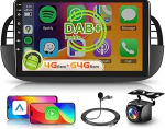 8 Core 4 + 64G: Hodozzy Carplay DAB autoraadio Fiat 500 2007-2015, 9-tolline puuteekraaniga Android autoraadio Android Car/WiFi/GPS/RDS/FM/Bluetooth/USB + tagurduskaamera