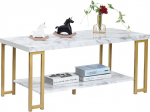 GIANTEX Coffee Table Marble Gold Coffee Table Tea Table 2 Shelves Living Room Table Modern Sofa Table Tea Table 110 x 49.5 x 45 cm, Accent Table with Metal Legs, Side Table in Marble Look for Living