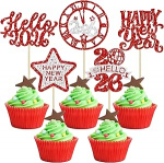 Gyufise Happy New Year 2025 Cupcake Toppers Hello 2025 Cupcake Picks Cheers to 2025 Midnight Clock Fireworks Hello 2025 Cake Decorations for 2025 Happy New Year Eve Party Supplies Red 30