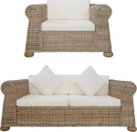 Willood 2-Piece Sofa Set with Cushion Natural Rattan Couch Sofa Lounge Sofa Seat Furniture Living Room Sofa Rattan Sofa Couch Set Design Sofa 1-Seater + 2-Seater