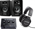 M-Audio M-Track Solo, BX3 & HDH40 - Audio Interface, 3.5 Inch Studio Monitors Speakers and Over-Ear Studio Headphones