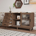 Moimhear Stylish Walnut-Coloured Chipboard Sideboard with Glass Display Case - 4 Glass Doors with Vertical Stripes, Living Room Sideboard, Corner Cabinet (2 Glass Doors, 140 x 40 x 75.8 cm)