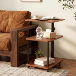 Beistelltisch auf Rollen mit Bremse, h&ouml;henverstellbar & 360&deg; drehbar - Beistelltisch Couch/Side Table mit 3 Ablagen, stabilem Rohr, Massivholz-Tischplatten Flach