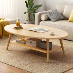 Kaasaegne puidust kohvilaud ovaalse disainiga riiuliga Lihtne standardne laud koduse elutoa jaoks Looduslik viimistlus sobib ideaalselt diivanile ja r&otilde;dule