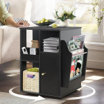 TooCust Rotating Side Table with Storage, Rotating Side Table Living Room, Side Table with Magazine Holder, Basket and Cabinet, Square Rotating Side Table with Versatile
