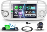 VECHTEL Valge autoraadio 4G + 128G Android 15 Fiat 500 2007-2015, 7-tolline IPS puuteekraan juhtmevaba Carplay Android autoga, autoraadio koos GPS Wi-Fi USB/Type-C Bluetooth FM RDS raadio tagurduskaameraga