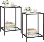 HOMSHO Side Tables Set of 2, Side Tables with Tempered Glass, 2-Tier Bedside Tables with Storage Shelves, Narrow Sofa Table for Living Room, Bedroom (2, Black)