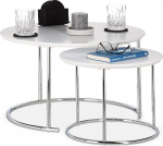 Relaxdays Round Small Coffee Table Matte, Nesting Table, Wood and Metal Chrome Side Table Set of 2 Wood Decor White 60 x 60 x 35 cm