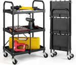 COSTWAY Tool Trolley, 3 Tiers, Folding Trolley on Wheels, Multi-Purpose Trolley with Handrails, Workshop Trolley, Service Trolley, for Workshop, Office, Home, Mounting Trolley, Metal, Black