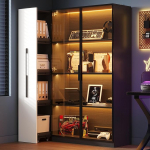 BTM Multifunktsionaalne kabinet Vitriinkapp ja raamaturiiul ratastega ustega K&uuml;lgmine v&auml;ljat&otilde;mmatav k&otilde;rge kapp Klaasist vitriinkapp LED-valgustusega, must