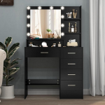 Riietuslaud koos peegli ja valgustusega meigi tegemiseks, kosmeetikalaud LED-valgusega, 3 v&auml;rvitemperatuuri ja reguleeritava heledusega, 5 sahtlit, kaasaegne, must, 36 x 80 x 131 cm.