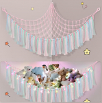 Teddy Hammock koos LED-valgusega, Boho Decor Pluusi m&auml;nguasjade hoidmise v&otilde;rk, Teddy Bear pehmed m&auml;nguasjad, k&auml;sitsi kootud Pluusi makramee m&auml;nguasjade v&otilde;rk pehmedele loomadele, kahvatu roosa