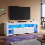TV-laud 160 cm Kaasaegne TV-kapp klaasriiulitega 160 x 35 x 50,5 cm Vaikne hoiuruum TV Lowboard kabineti ustega valge k&otilde;rgl&auml;ikega