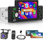 Hikity 1 DIN autoraadio, CarPlay Androidi juhtmevaba auto, 5-tolline puuteekraaniga raadio, Bluetooth tagurduskaameraga, FM-raadio, EQ, SWC, USB, Type-C peegel&uuml;hendus