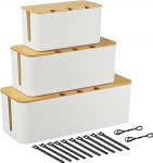 Kaablijuhtimiskast, 3 kaablijuhtimiskasti komplekt kaabli- ja kaablijuhtimiseks, bambusest kaanega kaabliorganisaatorid segaste kaablite varjamiseks, kaablijuhtimine - valge