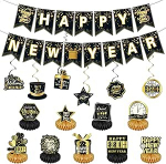 23-teiliges Neujahrsdekorationsset - Schwarz und Gold Happy New Year Banner, h&auml;ngende Wirbel und Tischdekorationen, Waben-Mittelst&uuml;cke f&uuml;r Silvesterparty 2026
