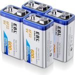 EBL 9 V aku 600 mAh t&uuml;&uuml;pi Li-ion 6F22 laetav liitium-ioon aku, madal enesepuhastus suitsuandurite jaoks 4 tk.