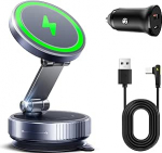 15 W magnetiline auto mobiiltelefoni hoidja laadimisfunktsiooniga ja juhtmevaba kiirlaadijaga, autokinnitus 360&deg; p&ouml;&ouml;ratav ja kokkupandav, vaakum iminapp, &uuml;hildub iPhone 17 16 15 14 ja Samsungiga (Hall)
