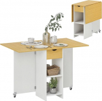 HOMCOM Folding Dining Table, Folding Table for 2-4 People, Modern Kitchen Table Space-Saving with Drawer, 2 Shelves and 2 Wheels, Wood, 114.5 x 70 x 75 cm, Oak