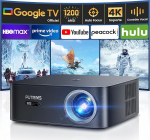Nutikas projektor 4K 1500 ANSI/Google TV: Netflix Official, Autofookus Keystone Correction Projector, Outdoor Daylight WiFi 6 Bluetooth, h&auml;&auml;ljuhtimine, 1080P Full HD LED lae kinnitamine, 300 tolli jaoks.