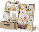 Laste riiul koos m&auml;nguasjade korraldajaga 2-in-1 - puidust ja riidest raamaturiiul 4 sektsiooniga, sahtli ja pliiatsitaskutega - 68 cm k&otilde;rgune turvaline riiul lastetoas, lastetoas (loomamotiiviga)