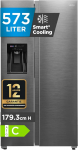 Midea Side-by-side k&uuml;lmkapp-poolk&uuml;lmik j&auml;&auml;kuubikute dosaator, 573 L, ilma k&uuml;lmakindluseta, 3-in-1 vee- ja j&auml;&auml;dosaator, inverterkompressor, 38 dB, 208 kWh aastas, SuperCool & Freeze, sinine teras, MDRS761MYC46