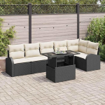 Modulares Gartensofa-Set mit Kissen 7-teilig in Schwarz und Creme aus Poly-Rattan als Terrassen-Set mit Eckstuhl Mittelst&uuml;hlen Armsofas und Tisch