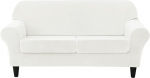 3-teiliges Sofabezug-Set Aus Samt Mit Rutschfesten Riemen, M&ouml;belschutz Stretch-Pl&uuml;sch(White)
