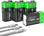 9 V laetav aku, 1300 mAh liitium-ioon 9-voldine plokkpatarei, kiirlaadimine USB-C kaudu Ideaalne suitsuandurite, tulekahjusignalisatsiooni, multimeetrite jaoks (4 tk)