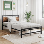 Voodi 120 x 200 cm, metallist voodiraam, kaasaegne puidust voodiraam koos peaosaga, kaheinimesevoodi / &uuml;heinimesevoodi, k&uuml;lalisvoodi, noorte voodi magamistuppa, k&uuml;lalistetuppa, voodiraam, must