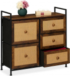 Relaxdays kapp, 5 sahtlit, rotangist v&auml;limus, esikus, magamistoas, HBT 77 x 85 x 31,5 cm, Highboard, metall, pruun/must