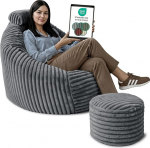 DreamRoots T&auml;iskasvanute Bean Bag tool elutuba 92 x 70 x 100 cm koos tugitooli, peatoe ja hoiukotiga - Bean Bag tool - lugemistool Mugav Super pehme ja kohev n&ouml;&ouml;r 420 g/m&sup2; - tumehall