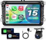 VECHTEL 4G+64G Autoradio Android 15 f&uuml;r VW Golf 5 6 Passat Jetta Caddy EOS T5 Tiguan Touran CC Polo, 8'' HD Touchscreen mit Drahtlos Carplay Android Auto GPS WiFi USB TYP-C Bluetooth FM RDS Kamera