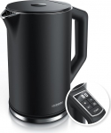 Arendo roostevabast terasest veekeetja temperatuuri seadistusega 40-100 kraadi 5 astmes, kahekordse seinaga disain, elegantne mudel, 1,5 liitrit, 2200 W, veekeetja temperatuuri n&auml;iduga, GS, must