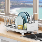 Dish Dryer with Draining Board, 304 Stainless Steel Dish Draining Board for Kitchen Counter, Sink, Adjustable Spout, Bowl Strainers, Draining Rack with Utensil Holder and Drinks, White