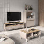 Lomadox Living Room Set in Cashmere Matt with Oak Coffee Table, Lowboard, Highboard with LED Lighting, 3-Piece Set