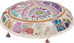 Stylo Culture Ethnic Decorative Round Floor Seat Cushion 100 x 100 cm Large Meditation Cushion Vintage White Boho Patchwork Bean Bag Seat Cushion Cotton Embroidered Floor Cushion Corner
