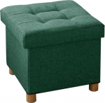 BRIAN & DANY Foldable Ottoman with Wooden Legs, Linen Footstool, Storage Chest with Highly Elastic Sponge Filling, Dark Green, 38 x 38 x 38 cm