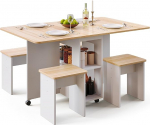 Mondeer s&ouml;&ouml;gigrupid, kokkupandav s&ouml;&ouml;gilaud 4 tooliga, s&ouml;&ouml;gilaudade komplekt ratastega ja 2 avatud riiuliga, v&auml;ikestesse ruumidesse, s&ouml;&ouml;gituppa, k&ouml;&ouml;ki, 120 x 80 x 80 cm, valge ja punane tammepuit.