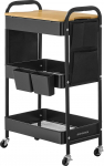 SONGMICS Rullitav k&ouml;&ouml;gik&auml;ru k&ouml;&ouml;gik&auml;ru 3 metallist v&otilde;rkriiulit Serving Trolley 2 eemaldatavat rippuvat konteinerit 2 organisaatorit kontorisse K&ouml;&ouml;k Elutuba Vannituba Tint must LRC036B01