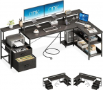 ODK Schreibtisch mit Schubladen, Reversibel Schreibtisch Eckschreibtisch Gro&szlig; mit LED, Schreibtisch L Form mit Steckdosenleiste, Schwarz 189.3&times;100cm