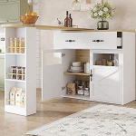Oslghy pikendatav baarilaud 360&deg;, Bistro laud sahtlitega ja klaasuksega, pikendatav s&ouml;&ouml;gilaud hoiukambrite ja riiulitega, s&ouml;&ouml;gituppa ja k&ouml;&ouml;ki, valge, 138-204 x 39 x 104 cm