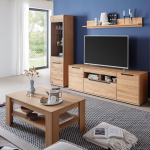 Lomadox Wohnm&ouml;bel Set Eiche teilmassiv modern 4-teilig, 1 Vitrine, 1 Wandboard, 1 Lowboard, 1 Couchtisch, LED-Beleuchtung - Massivholz/Echtholz/Furniert