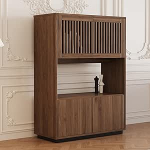 Moodne puidust k&otilde;rglaud liistuuksed - Vitriinkapp ja hoiukapp avatud riiuliga, hoiu- ja kapiuksed, p&auml;hkelpuu v&auml;rvi elutuppa, s&ouml;&ouml;gituppa v&otilde;i esikusse