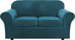 housse de canap&eacute;, Samt-Sofabezug-Set for Zweisitzer, Stretch-Couchbezug for 2-Sitzer-Sofa mit 2 Kissenbez&uuml;gen, luxuri&ouml;s, Marineblau(Teal)